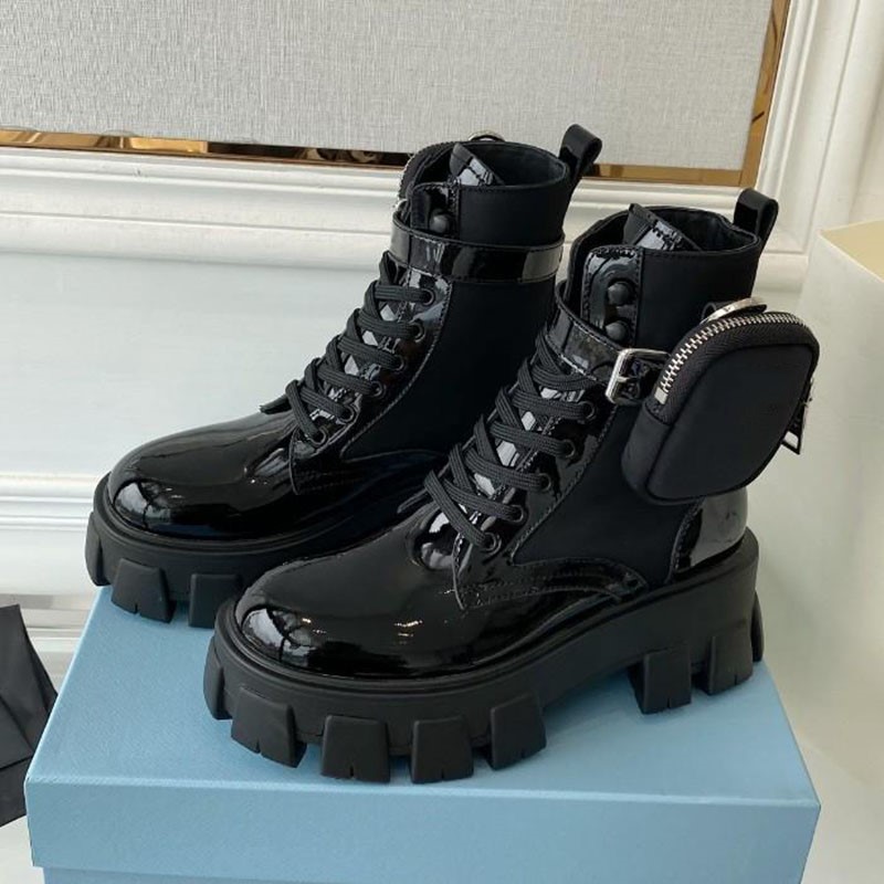 Designer Boots Women brand Monolith Ankle Winter Brand Black Re-Nylon Brush Leather Booties Platform Sole Ankle-high Lady Motorcycle Boots EU35-4-image-994551494
