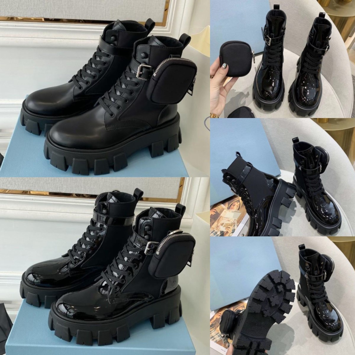 Designer Womens Martin Boots Monolith Ankle Winter Brand Black Re-Nylon Brush Leather Booties Platform Sole Ankle-high Lady Motorcycle Boots EU35-image-995229378