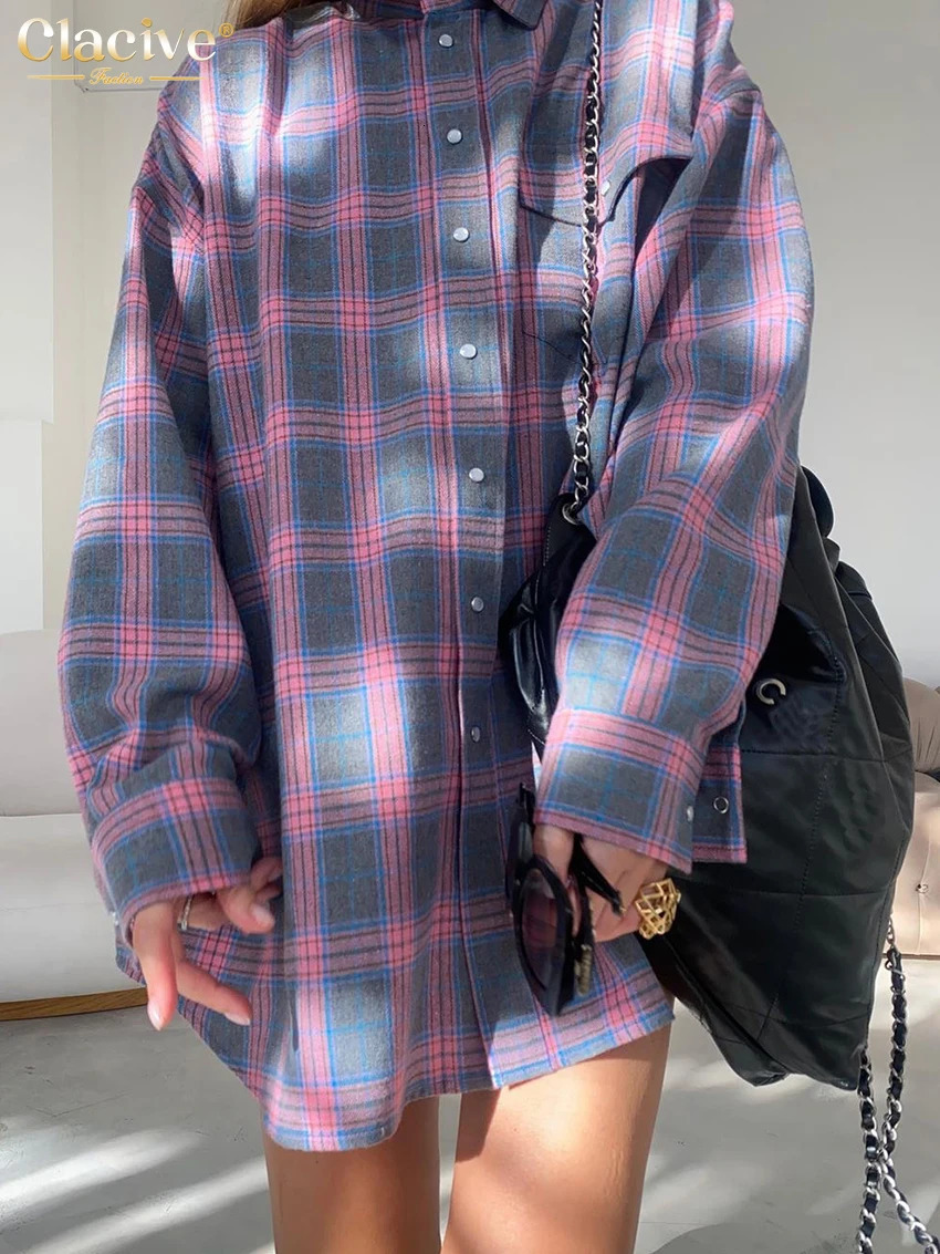 Clacive Vintage Loose Plaid WomenS Shirt Fashion Lapel Long Sleeve Office Lady Shirts And Blouses Tops Female Clothing 240617