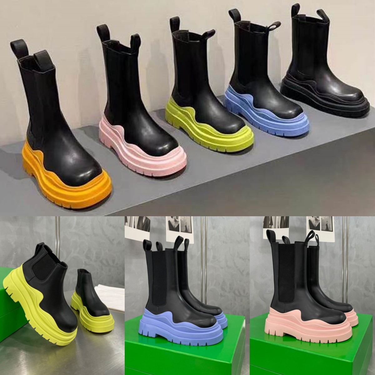 Brand Designer Womens boots leather Chelsea Boots youth pink green Thick flat bottom Thick Heel Thick Sole Ankle Boots Women's Boot-image-995600042