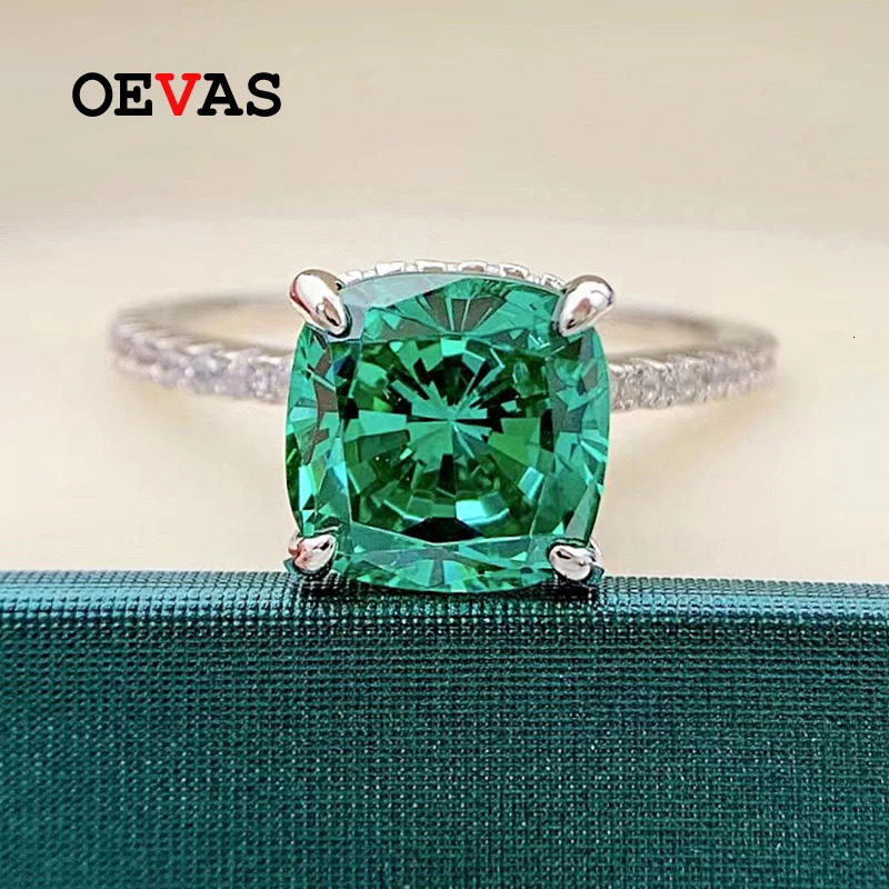 OEVAS 100% 925 Sterling Silver 9*9mm Para Green High Carbon Diamond Rings For Women Sparkling Wedding Party Fine Jewelry Gifts 240626