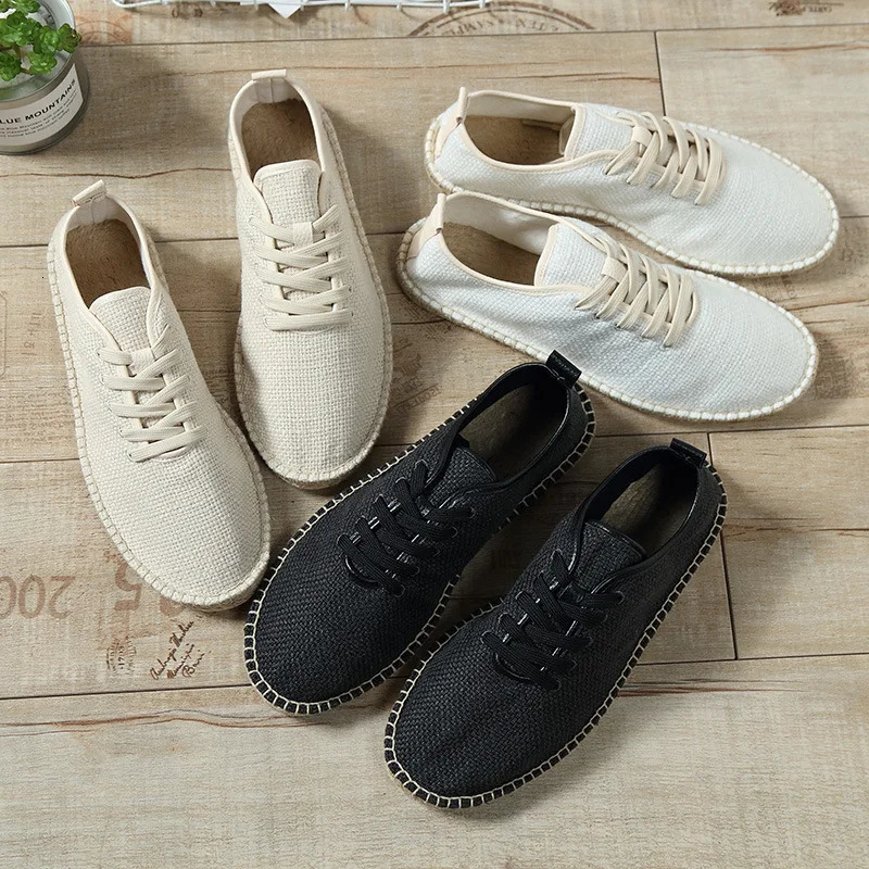 Mens Linen Cloth Flats Shoes Casual Fisherman Solid Color Driving Footwear Summer Breathable Casual Fashion Men Lace-up Shoes 250225