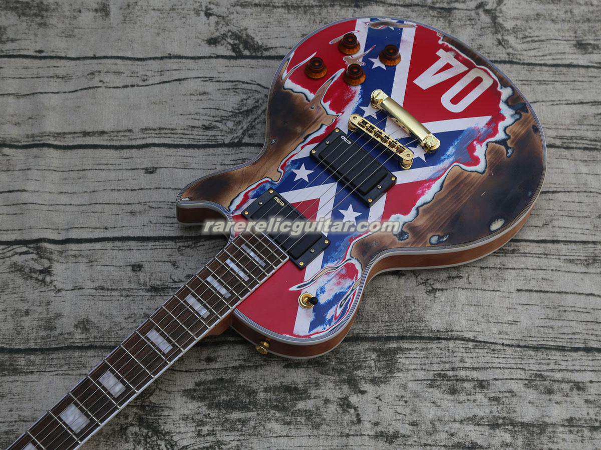 Promotion Burn Relic Custom Zakk Wylde 04 REBEL FLAG Worn Red Confederat Electric Guitar China EMG Pickups Grover Tuners Gold Hardware Satin Fini-image-996129344
