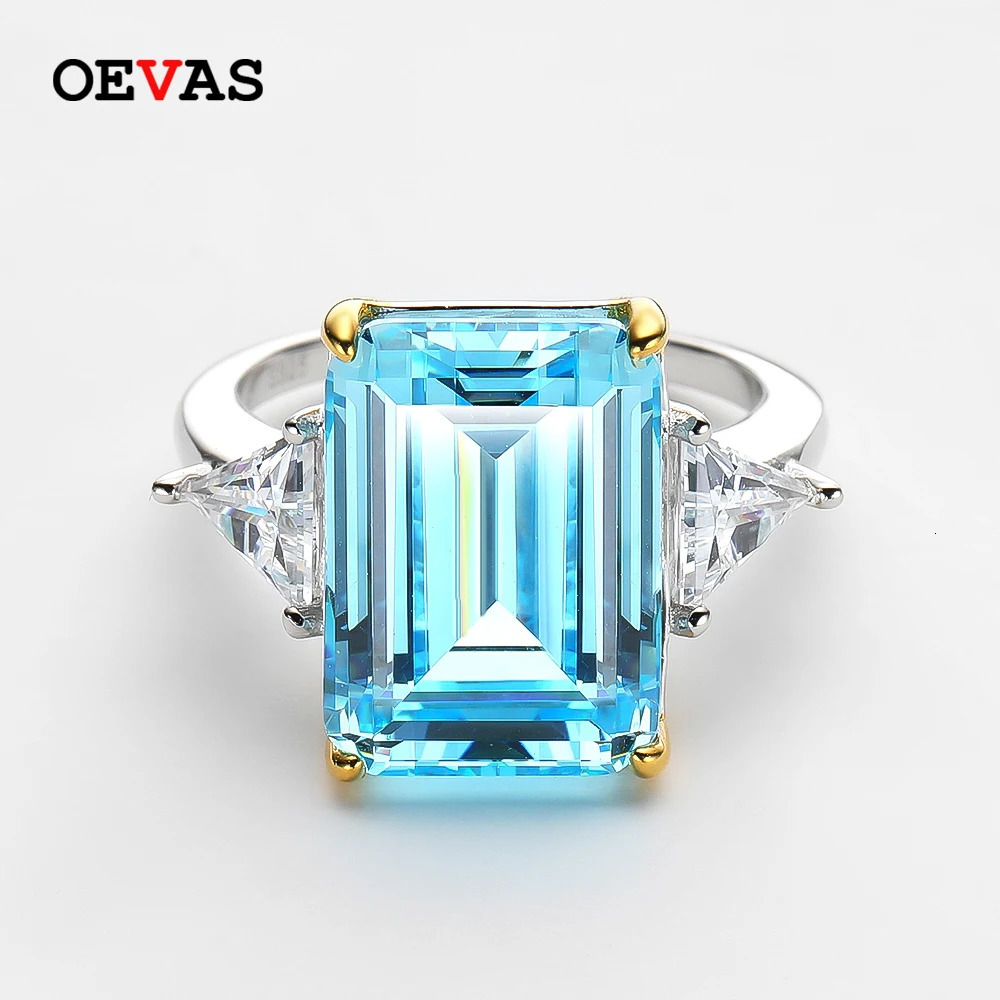 OEVAS 100% 925 Sterling Silver Sparkling 10*14mm Aquamarine 5A Zircon Rings For Women Party High Carbon Diamond Fine Jewelry 240626