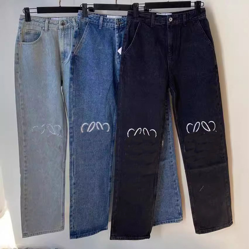 womens designer jeans classic Embroidery High waisted washed distressed wide LOW jeans-image-996041691