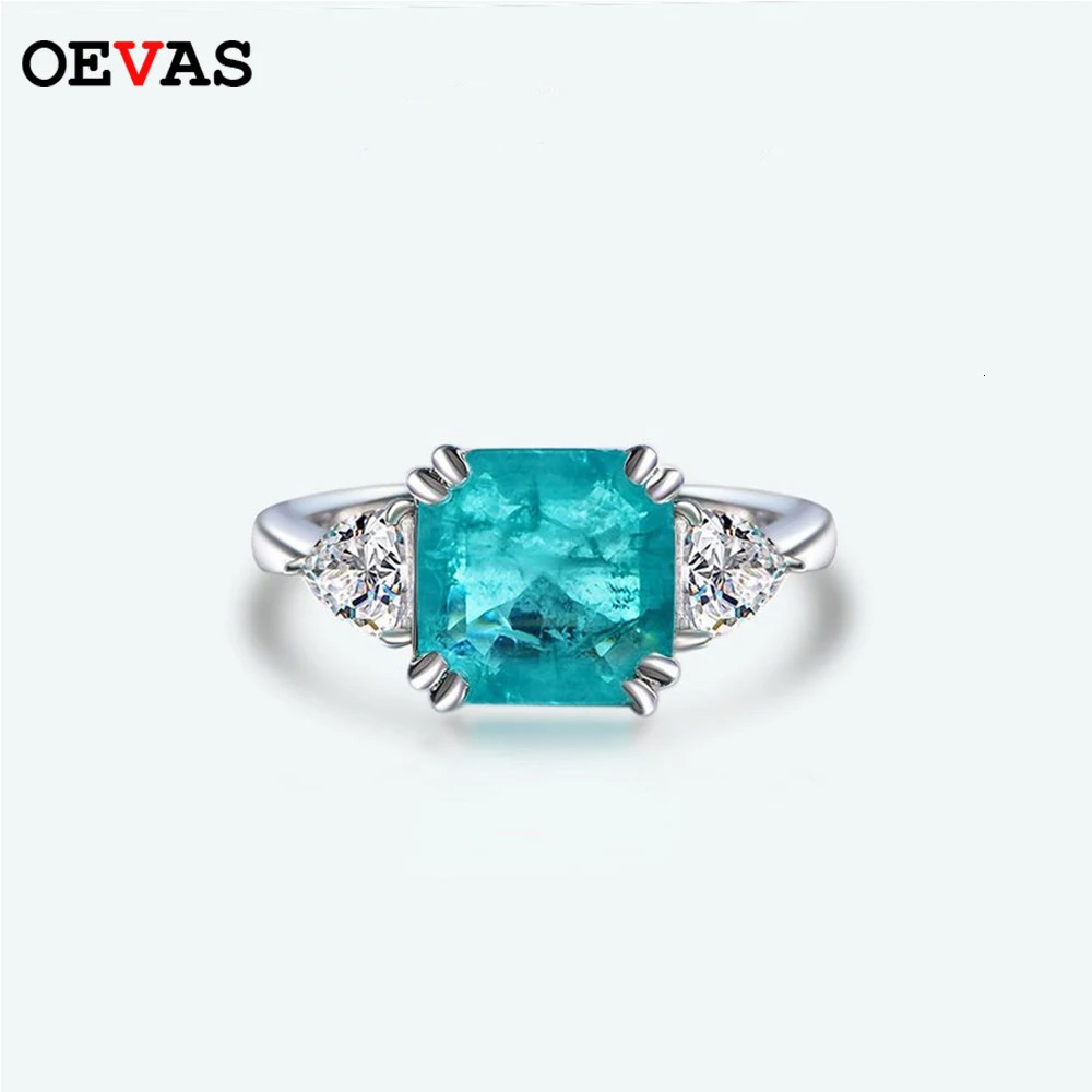 OEVAS 100% 925 Sterling Silver 10*10mm Paraiba Tourmaline Rings For Women Sparkling High Carbon Diamond Party Fine Jewelry Gifts 240626