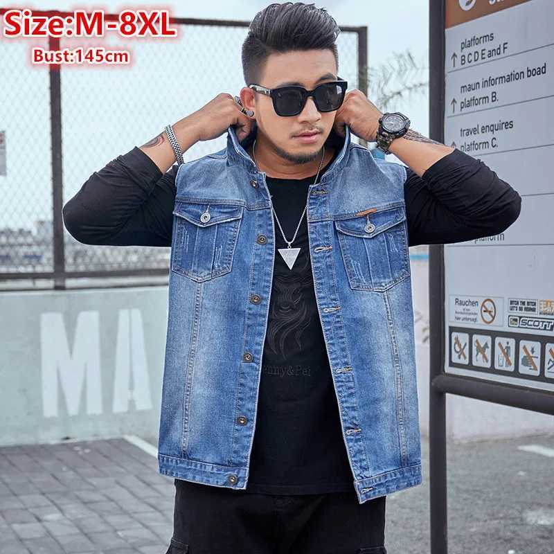 Men's Vests Plus Size 8XL 7XL Mens denim vest denim cool sleeves 6XL ultra-thin fitting blue jeans Mens motorcycle waist coat large jacket 2-image-996061776