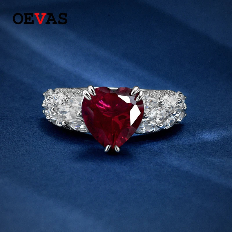OEVAS 100% 925 Sterling Silver 10*10mm Heart Corundum Ruby Wedding Rings For Women Sparkling Engagement Party Fine Jewelry Gift 240626
