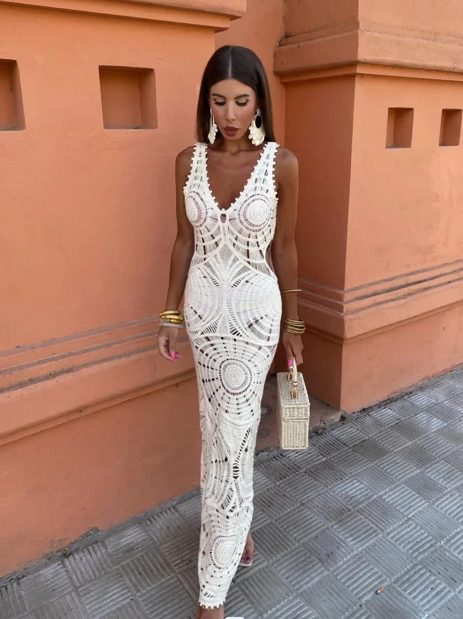 Summer Sexy Crochet Knitted Hollow Out Long Dresse Vneck Sleeveless Backless Vestidos Party Beach Lady Vacation Dress 240627-image-996758234
