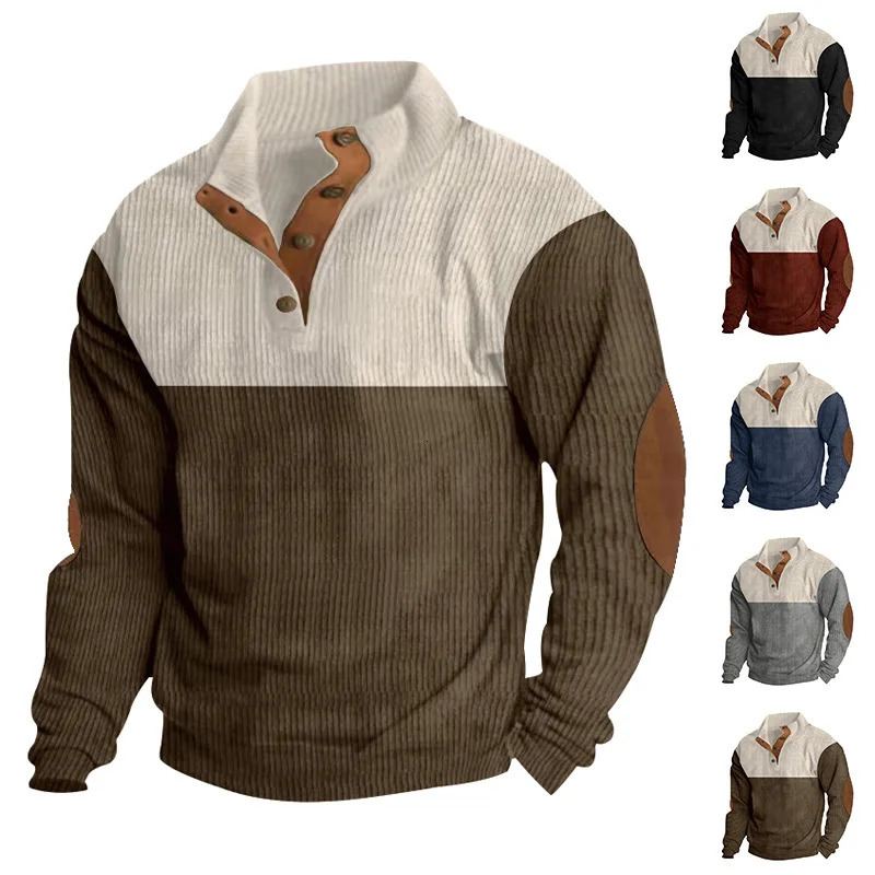 Primavera y otoño europeo hombre europeo al aire libre botones casuales collar de collar suelto pana coloral sudadera deportiva 240627