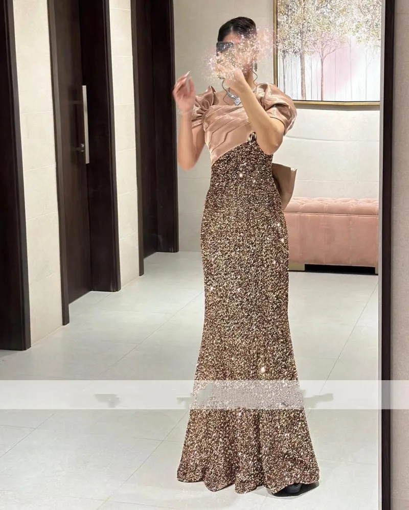 Paillettes en or rose brillant robes de bal sirène 2024 avec manches courtes manches sexy sans arc en soirée Ocn vestidos de novia