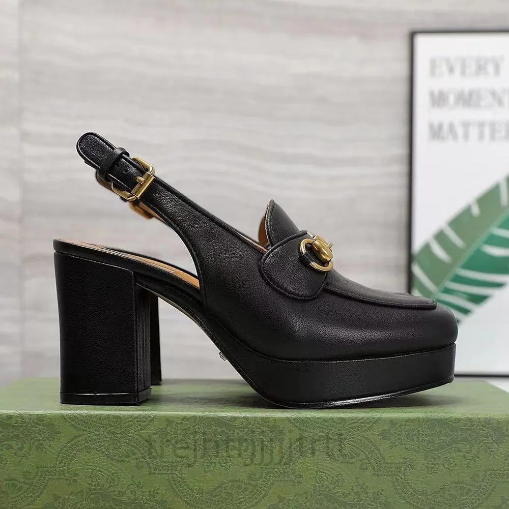 Women&#039;s Slingbacks chunky heel sandals Genuine leather hardware buckle decoration platform block heel evening shoes luxury designer high hee-image-996450208