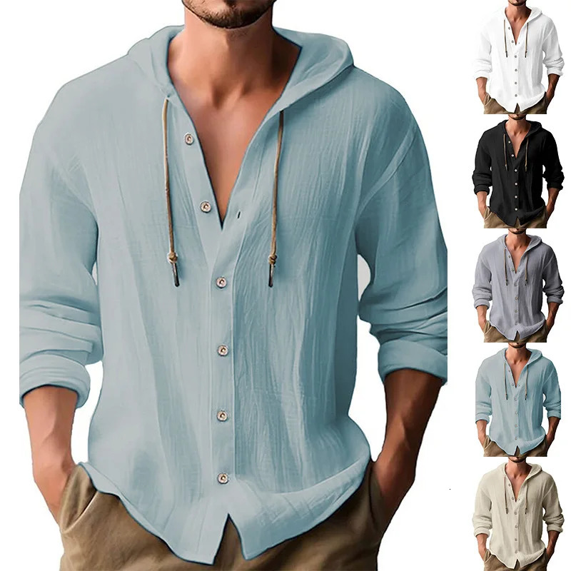 Mens solid color casual shirt hooded drawstring cotton and linen cardigan trendy versatile loose beach Tshirt 240627