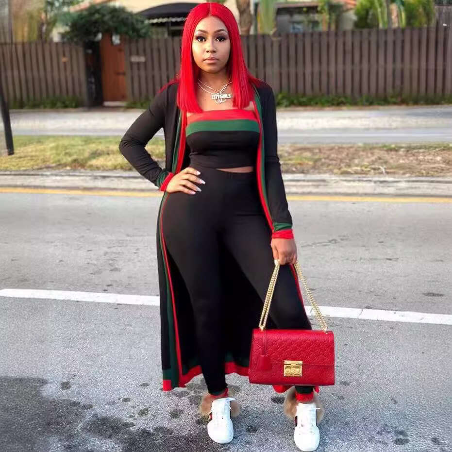 Black red Striped women 3 Pieces Chest wrap + pants + coat Casual Outfits Long Cloak Strapless Overalls Woman Clothing Sets Costumes plus size Se-image-996998153