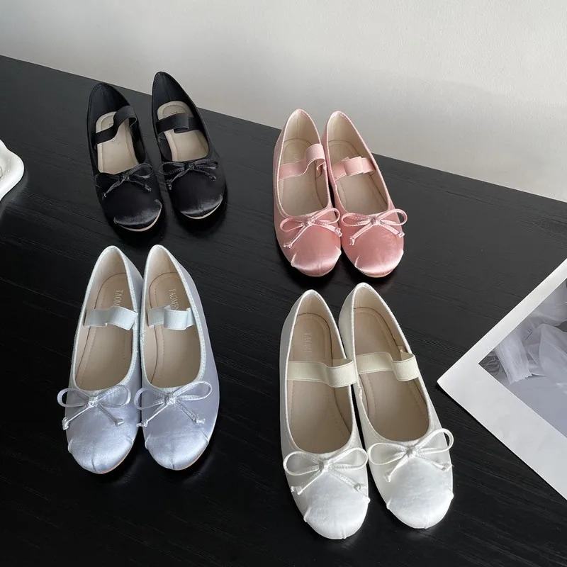 Ballet Flats Women Shoes 43 Mary Jane Shoes Round Toe Womens Shoe Bow Silk Satin Flats Women Shoes Plus Size 33-43 Valentine 240629