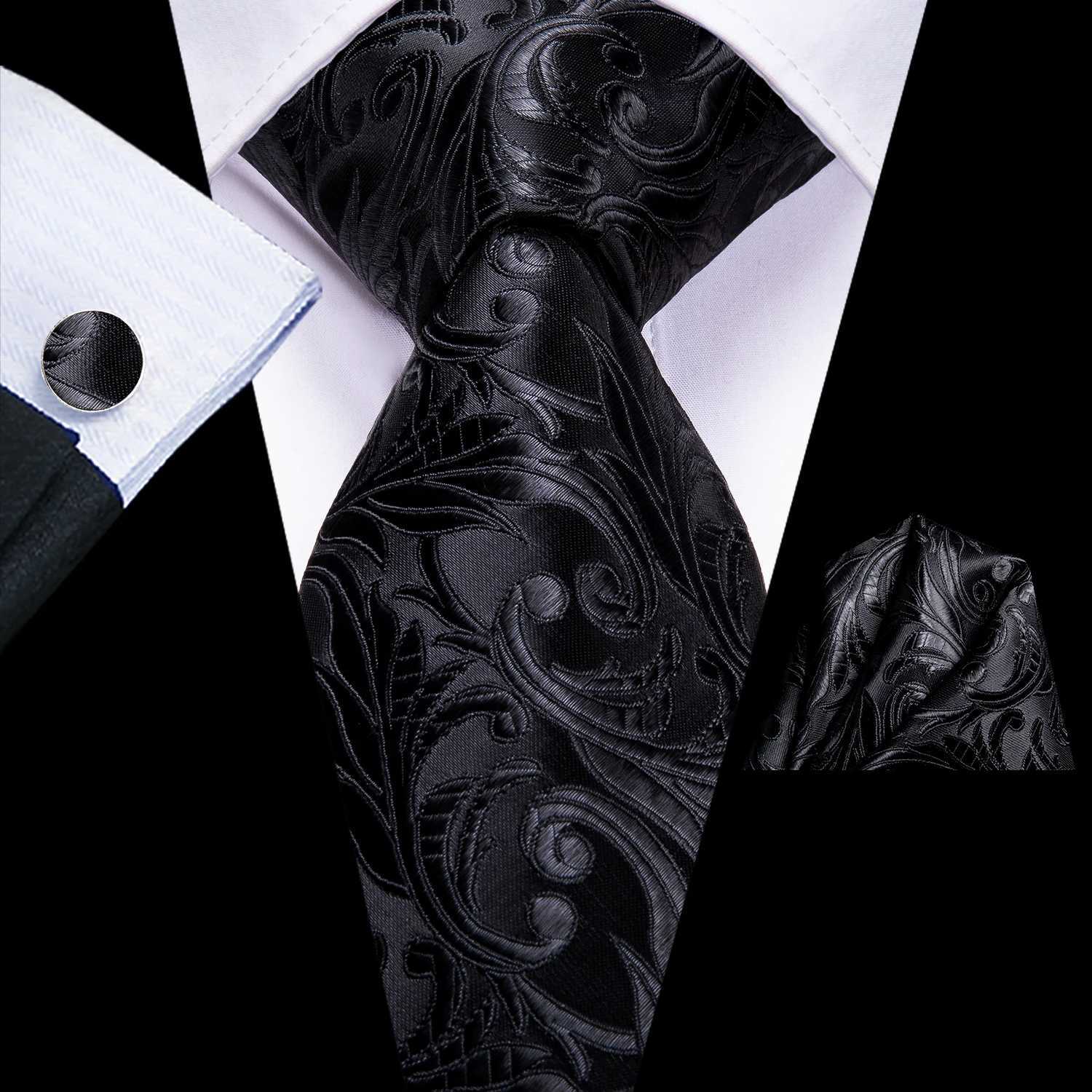 Neck Tie Set Hi-Tie Black Floral Paisley Silk Business Tie For Men Handky Cufflink Set Elegant Mens Necktie Fashion Designer Business Party-image-998092982