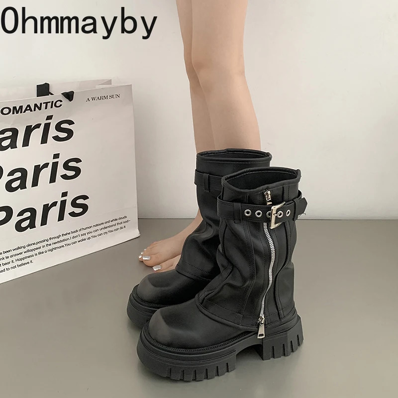 Platform Heel Mid Calf Boots Women Fashion Ladies Side Zippers Knight Boots Autumn Winter Womens Biker Booties 240629