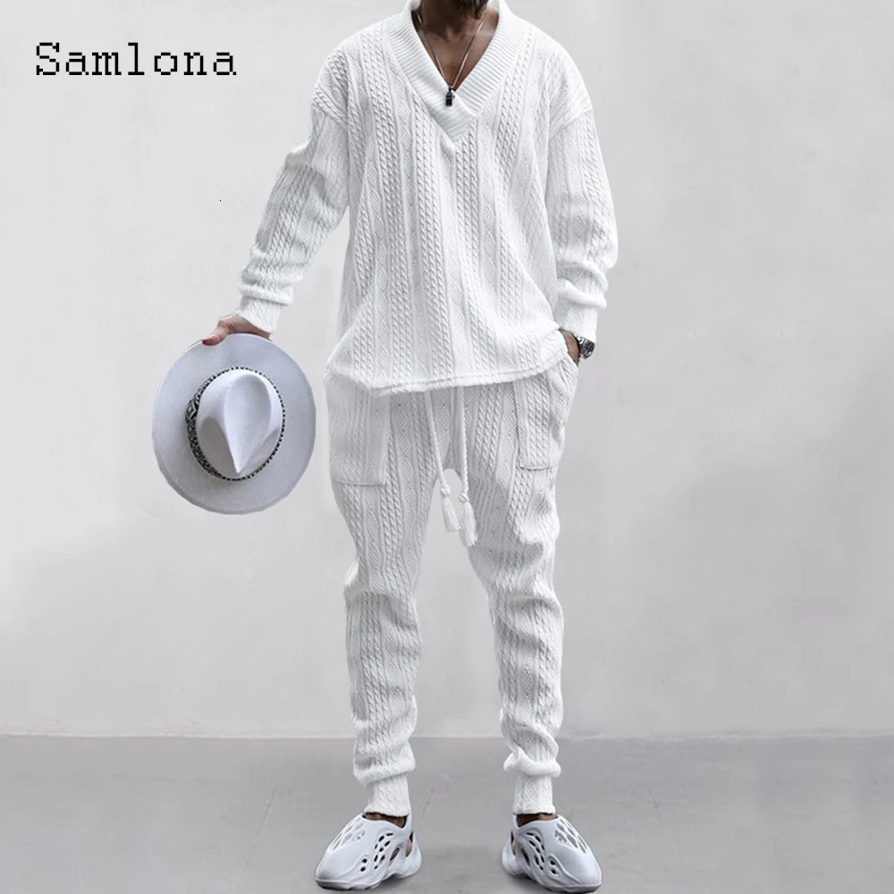 Mens casual knitted two-piece set winter fashion irregular top sweater and pure white sports pants 240930