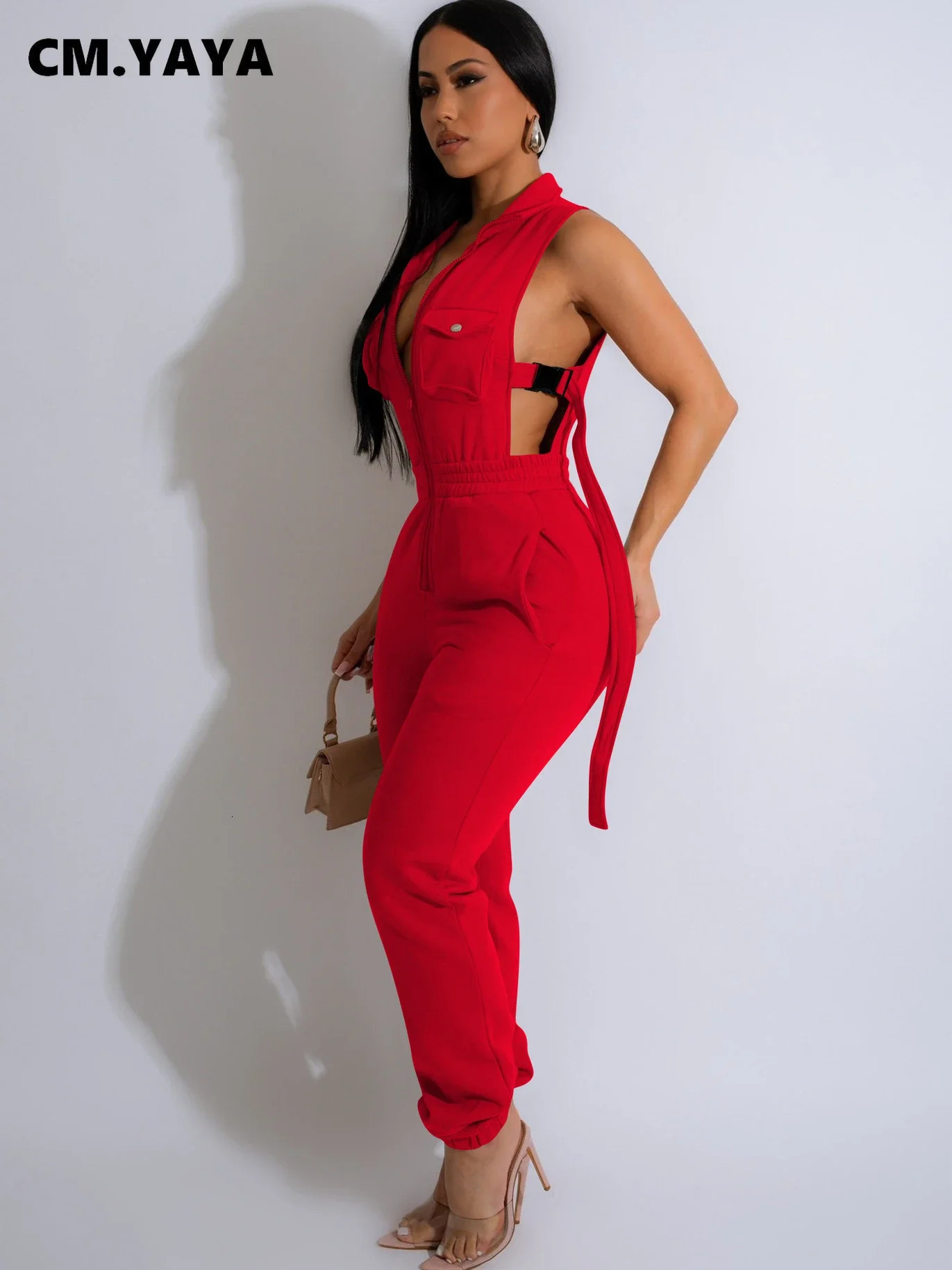 CM.YAYA Women Single Breasted Pocket Front Buckle Open Side Active Jumpsuit Chic Fashion One Piece Suit Romper Playsuit 240927