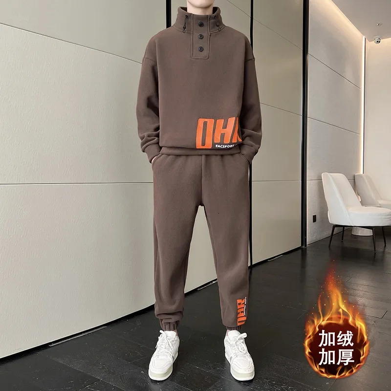 Mens Winter Velvet Thick Fashion Stand up Collar Sweater Loose Large Pants Set 240930