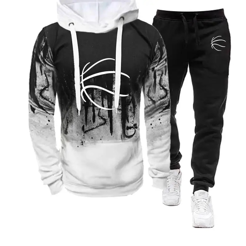 Fashion printed sportswear mens hooded sweatshirtsweatpants set with floral sweater top and jogging casual 2-piece set 240930