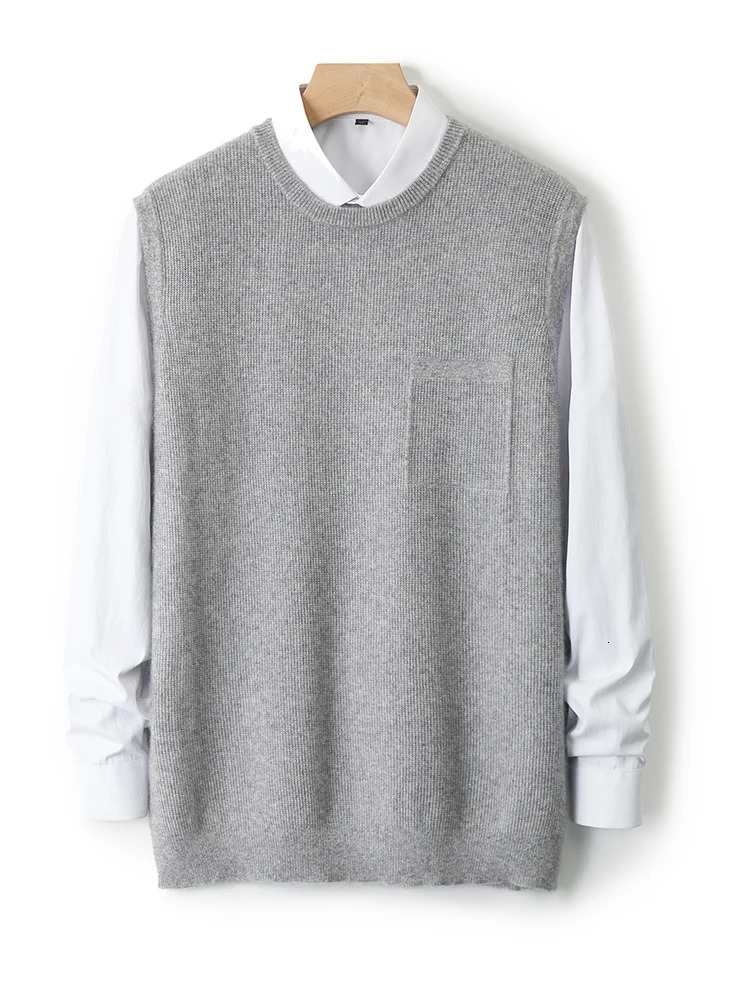 100% pure wool waist sweater mens staff collar loose knit vest casual jacquard large size sleeveless top autumn Pullover 240930