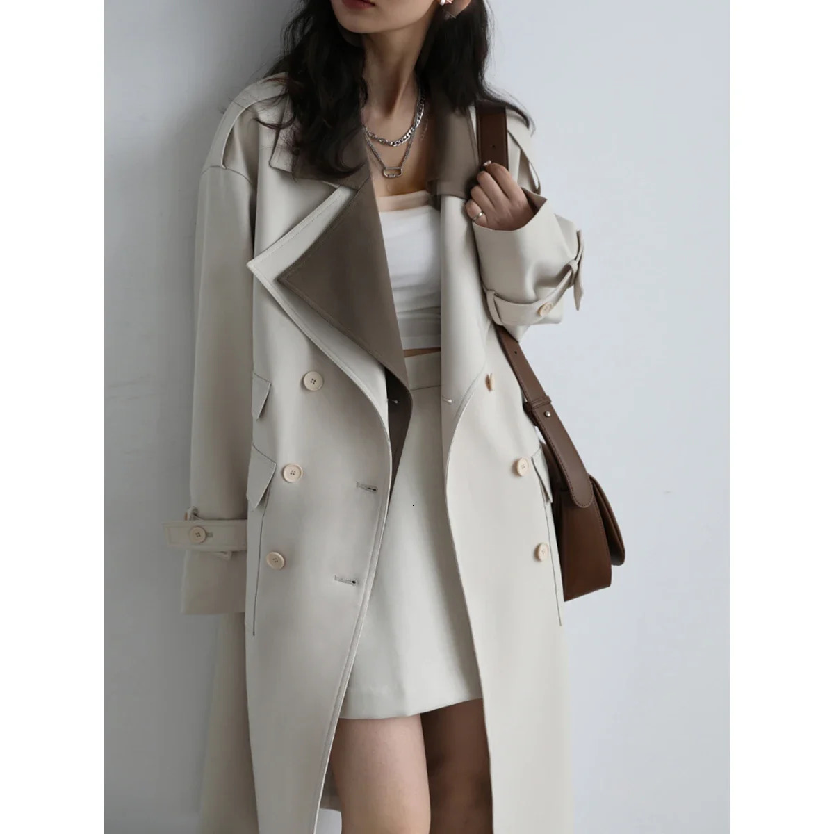 CHIC VEN Womens Splicing Trench Coat Korean Loose Collar Windproof Machine Fashion Long Womens Coat Autumn 240929