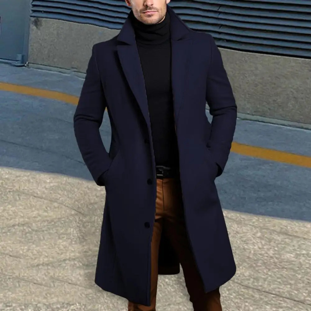 Mens wool coat fashion mens wool coat with lapel pockets autumn and winter medium length windproof coat formal 240929