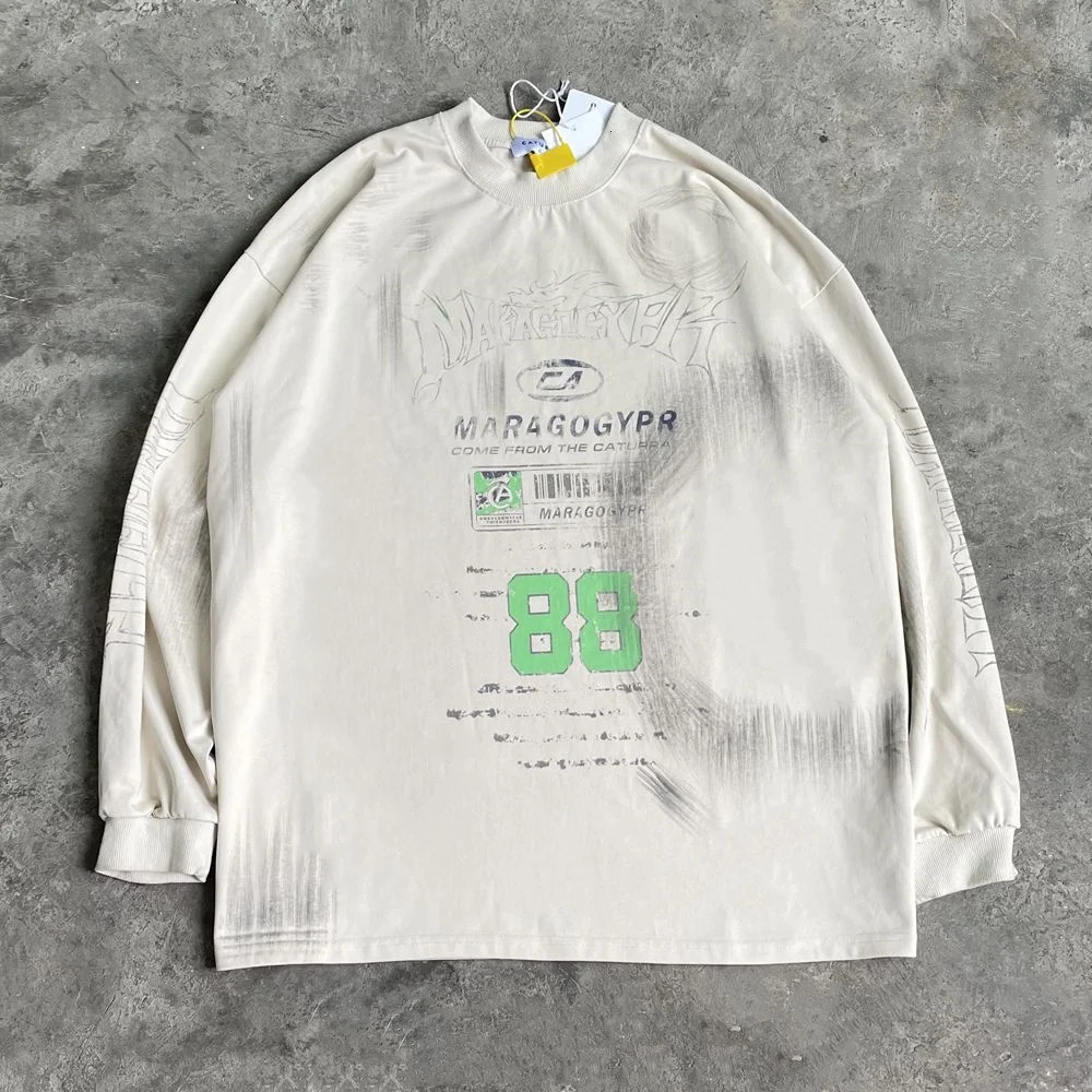Yao888 Washed Old Vintage Casual Men Tops Long Sleeve Tee Oversize Streetwear HipHop Graphics 100% Cotton Y2k T Shirt For Men 240927