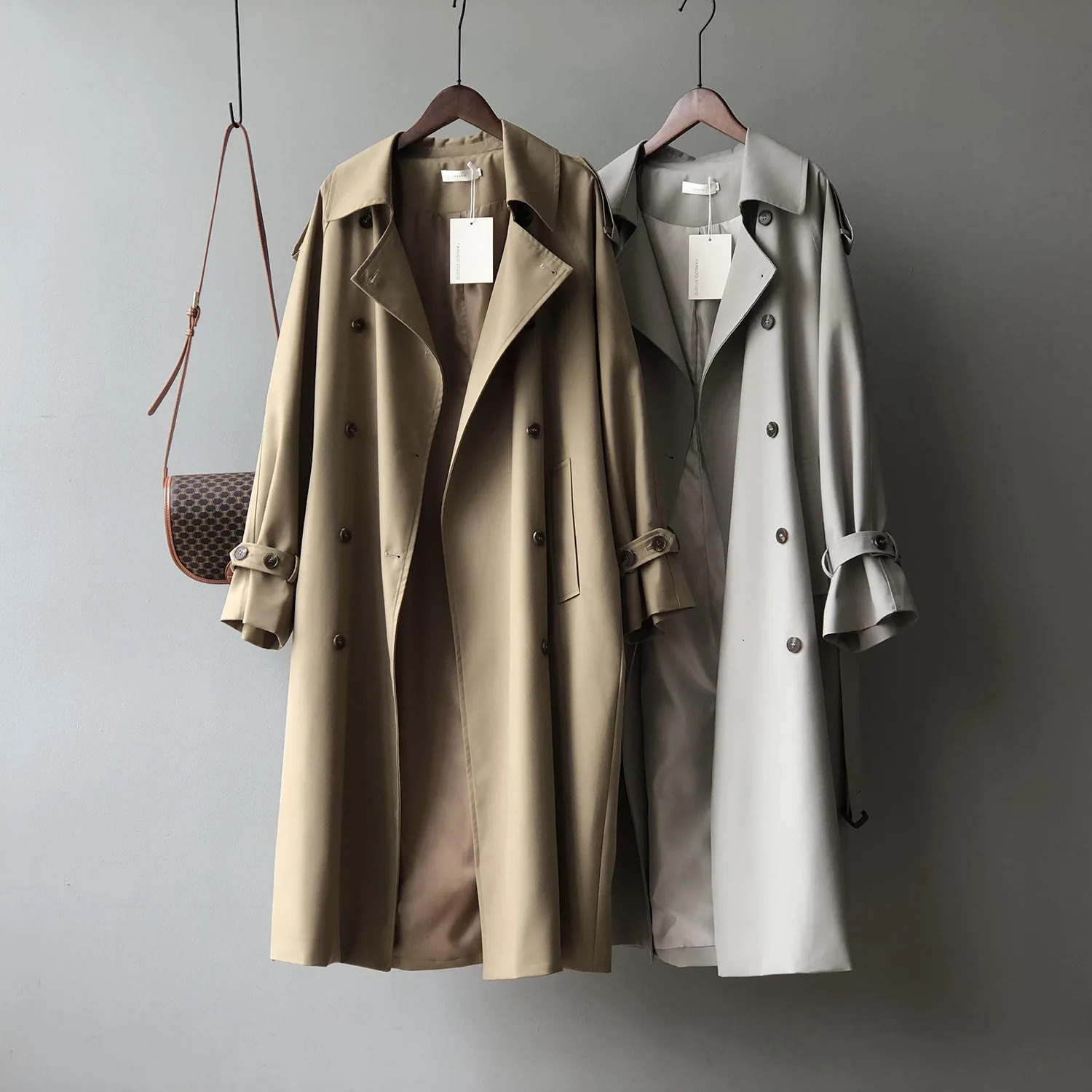 Khaki Trench Double Breasted pour femmes décontractées et lâches de style coréen et d'été