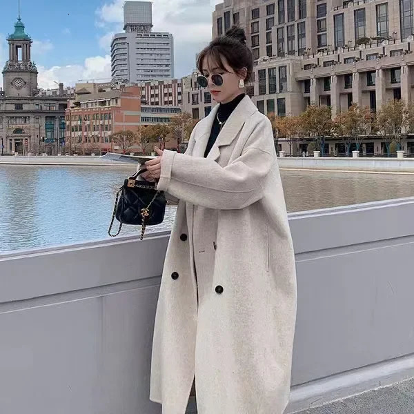 Winter Womens Loose-fit Woolen Jacket Medium-length Thickened Suit Collar Overcoat Korean Style Casual Clothing 240927