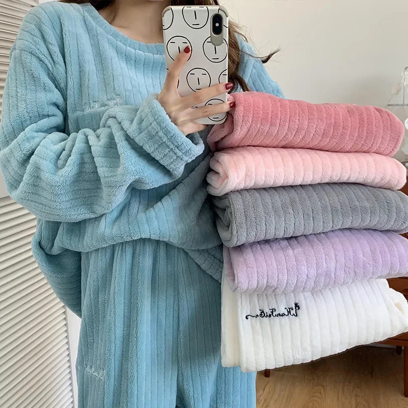 Autumn Winter Womens Solid Sleepwear 2-piece Set Thick Velvet Ribbon Wool Set Zipper and Pants Womens Sleepwear Set 240929