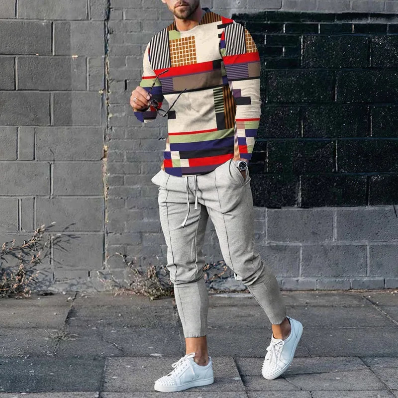 Spring and Autumn Mens Floral Round Neck Geometric Pattern Printed Sports Sweater Zipper Floral Protective Pants Set 240930