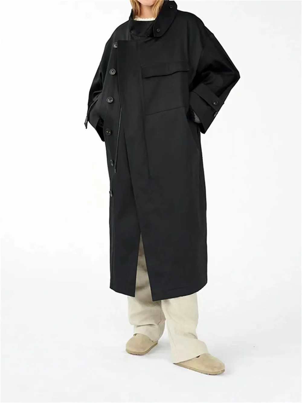 Womens solid color medium windproof standing collar straight long sleeved womens autumn silhouette trench coat 240929