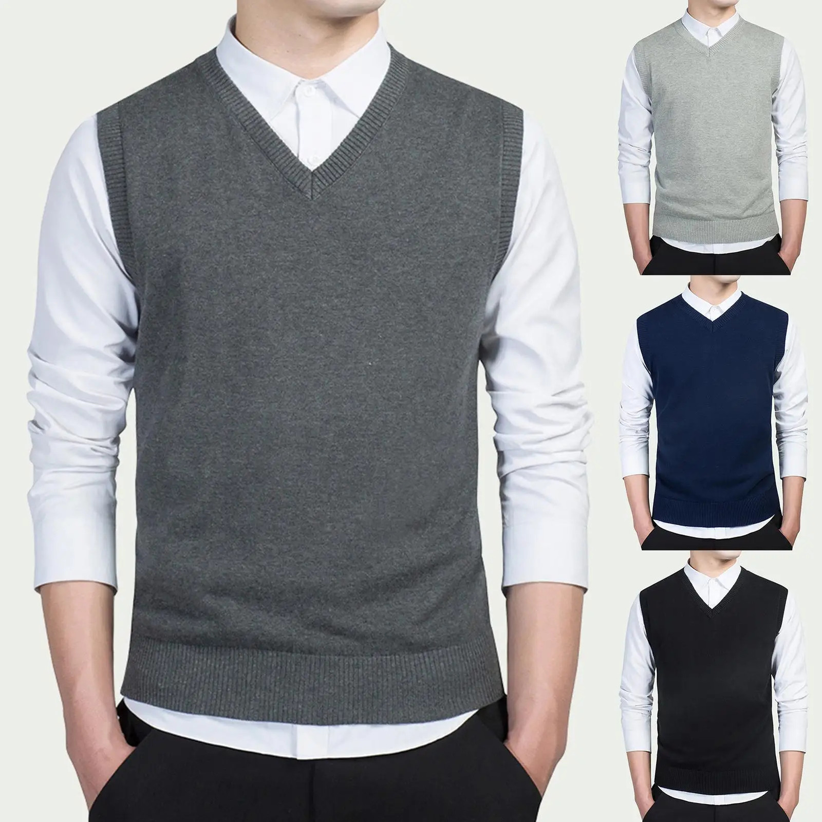 Mens d'automne Couleur solide sans manches en V Valaire en tricot en V Village 240930