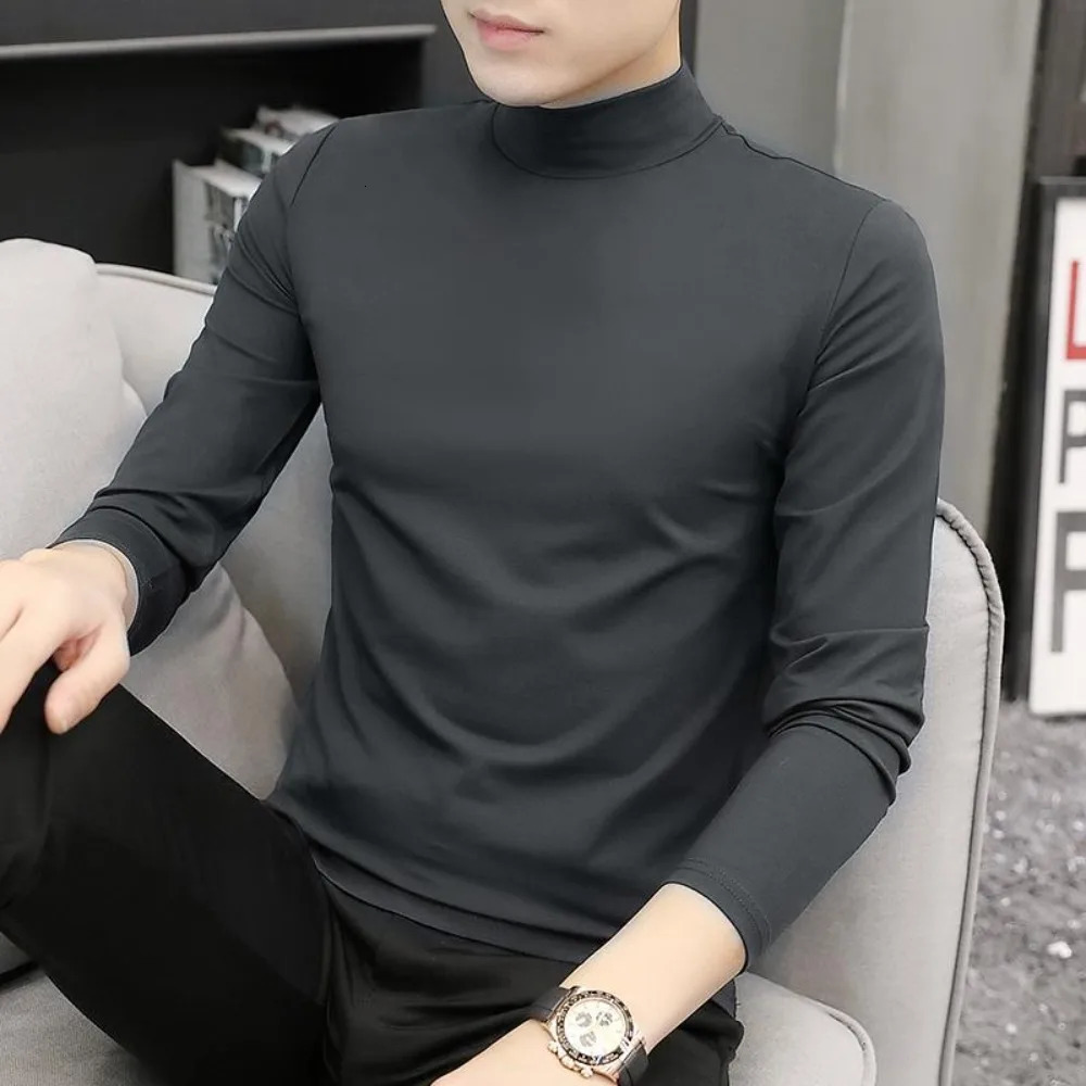 Fashion Korea Mens Casual TShirts Full Tops Long Sleeve Soft Modal High Collar Undershirt for Autumn Winter Oversize Tshirt 240930