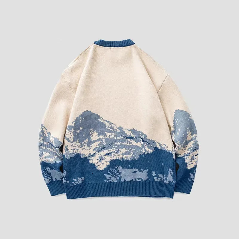 Prowow mens hip-hop streetwear Harajuku retro Japanese style snow mountain knitted sweater casual Pullover Knitwear 240930