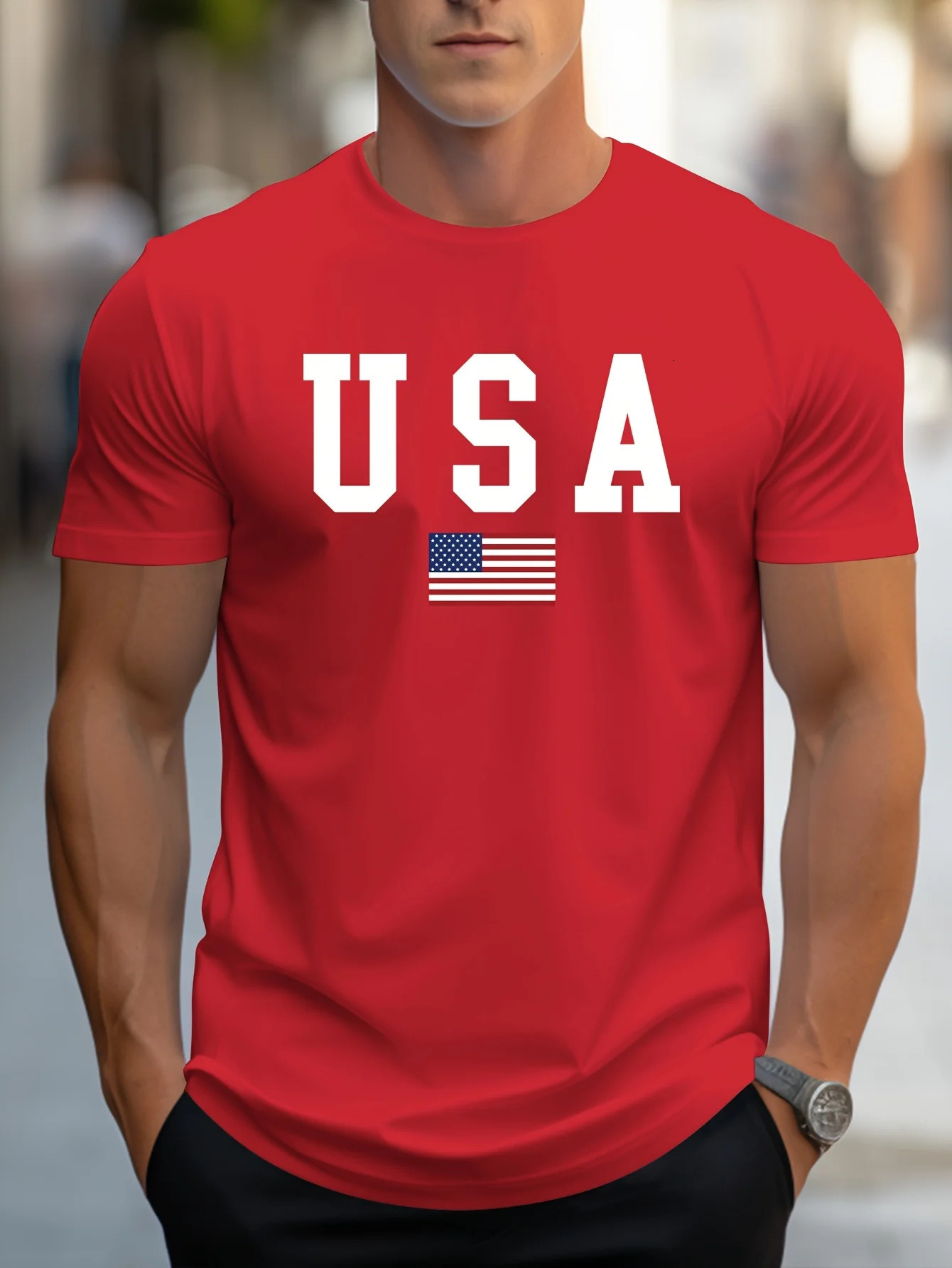 Hommes 100% coton pur été en liberté en liberté American Imprimé Slim Casual Slim Round Round Col à manches courtes Top Top 240930