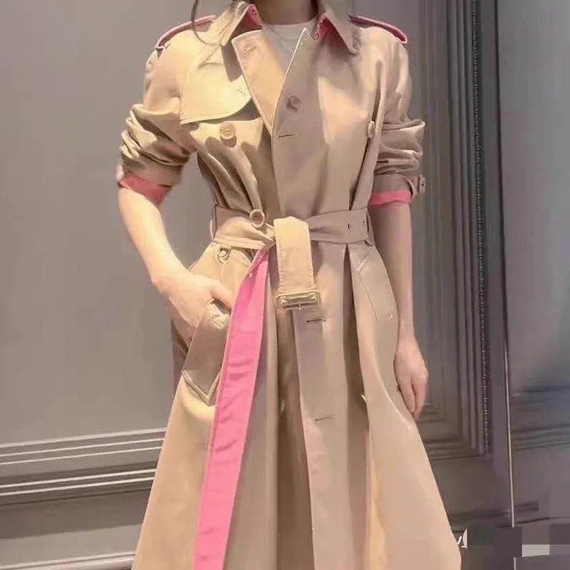 Elegant office ladies autumn and winter fashion long windproof jacket with patch work color blocking womens double chest jacket 240929