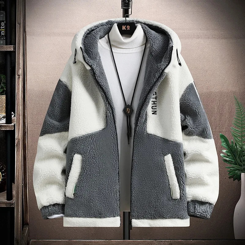 Winter Korean Mens Jackets Zipper Cardigan Coat Fleece Thick Warm Padded Jumpers Jacket Artificial Fur Male Clothing 240930