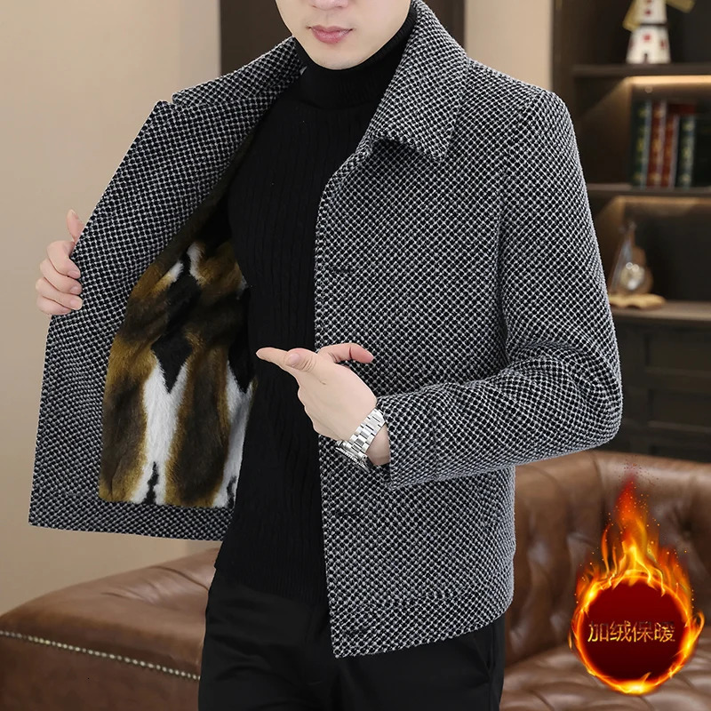 Korean winter wool jacket mens plush and warm short trench jacket plain casual business street jacket social mens clothing 240929