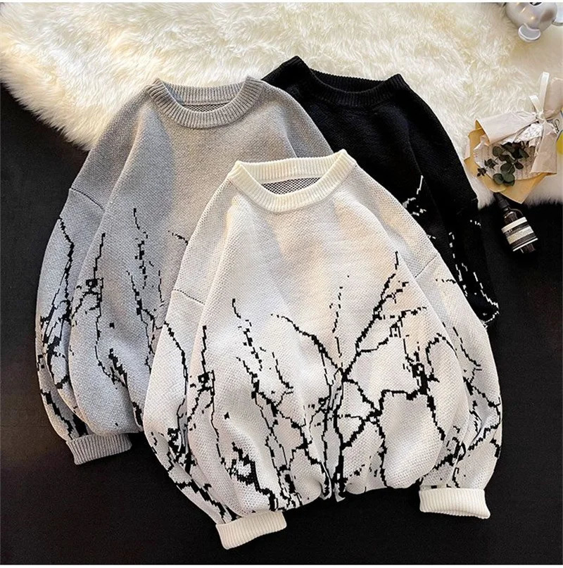 Y2K Spring/Summer Casual Sweater Round Neck Pulled Mens Clothing Fashion Printed Loose Knitted Hombre 240930