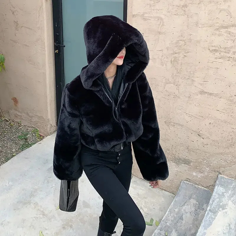 TPJB Furry Cropped Fur Fur Manges et veste en top top coat de manteau d'hiver à capuche Femme 240924