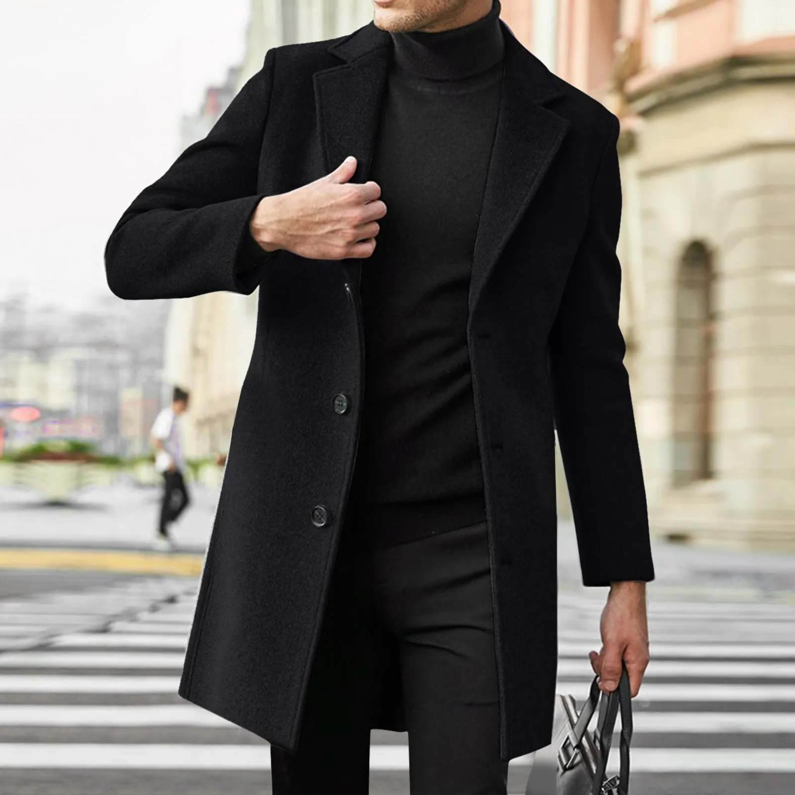 Mens wool blend long coat autumn solid color lapel wool coat fashionable ultra-thin windproof jacket mens clothing 240929