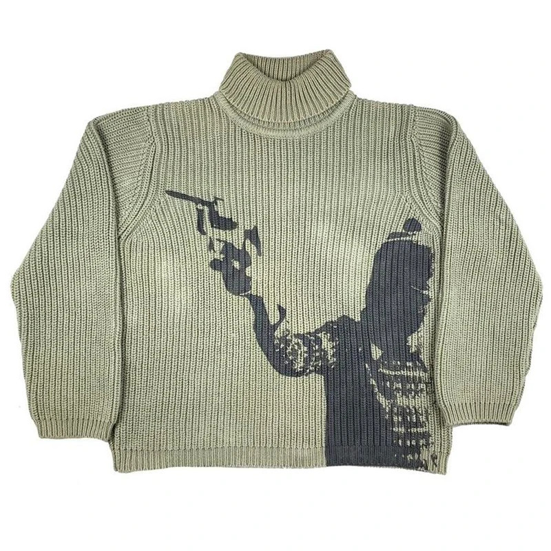 Pull en tricot rétro pour hommes / pull d'hiver Pullor Turtle Neck Unisexe Y2K Harajuku Pull imprimé surdimensionné Aesthésie 240930