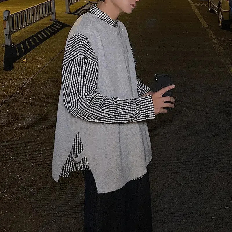 Hommes à l'homme à tisx naturel couleur solide pull en tricot à la veste à fente à fente sans manches