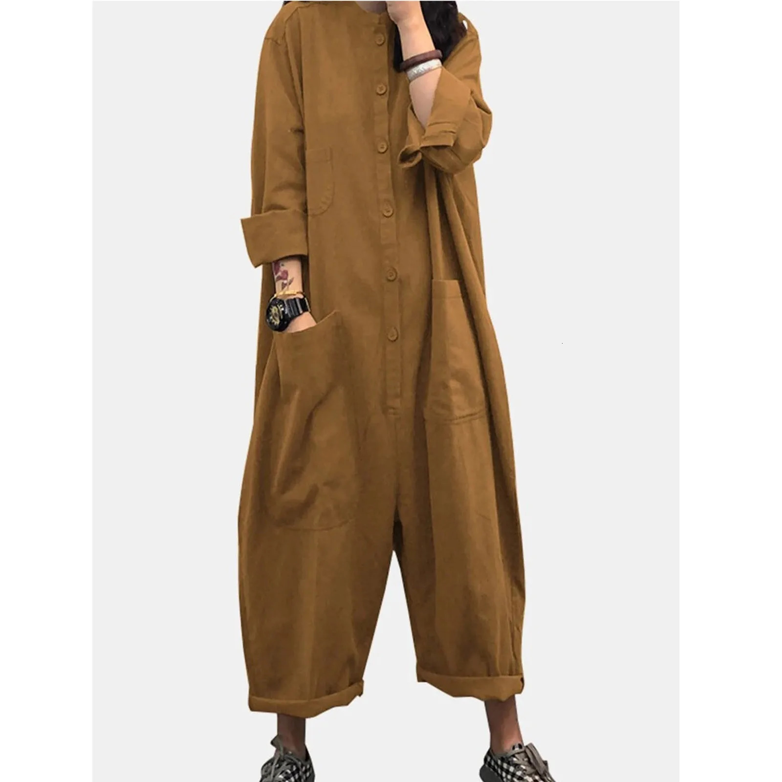 WomenS Round Neck Jumpsuits Casual Fashion Temperament Solid Long Sleeve Button Cargo Loose AllMatch Street Style 240930Z