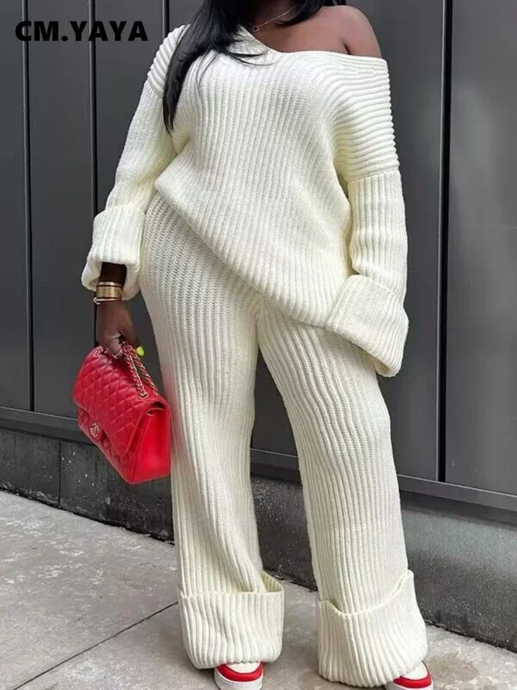 CM.YAYA a coste in maglia da donna con maglia a v-scollo a maniche lunghe e pantaloni dritti a gamba larga in due pezzi set da binari set 240930 240