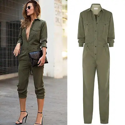 Ladies Sexy Vintage Romper Long Pant Slim Bodycon Jumpsuit Sleeve Army Green Solid Casual Cargo Pants 240930Z