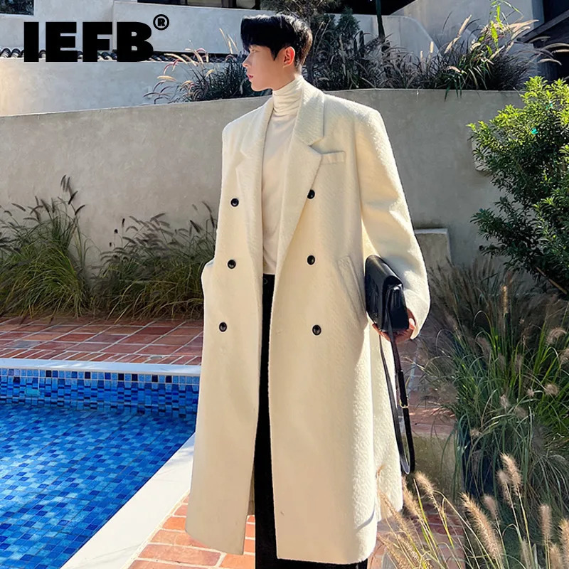 IEFB Mens Wool Coat Autumn Korean Fashion Edition Thick Double Chest Solid Color Mens Trench Cover 240929